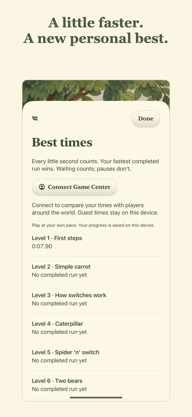 Go Bunny rebuilt: the best times screen, showing fastest completed run per level