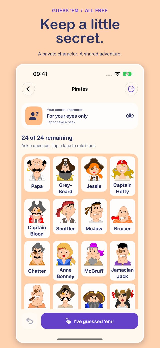 Guess'em rebuilt: a game in progress with the pirates pack, characters laid out as a grid of cards