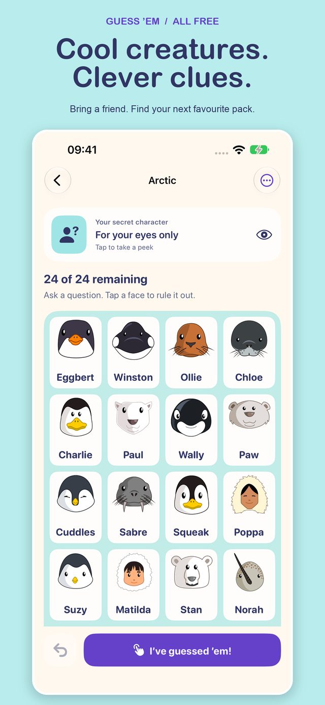 Guess'em rebuilt: the arctic pack mid-round, with several characters already flipped down