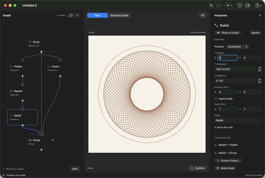 VectorFlow on the Mac: the Studio workspace with the node graph, the preview and the inspector side by side
